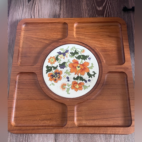 Vintage Dolphin Teak Wood and Ceramic LARGE Serving/Cheese Platter - Picture 1 of 4